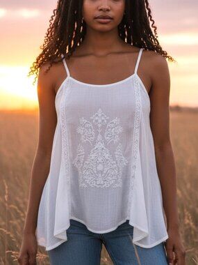 Passport Embroidered tie back white lace details top S.